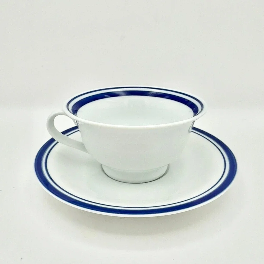 Pottery Barn Club Blue Cup & Saucer Set of 7 Cobalt Rim Japan Vintage Cottage